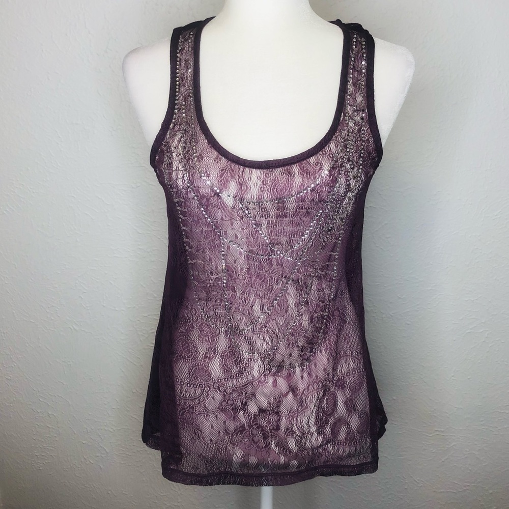 Vanity Purple Beaded Lace Tank Top